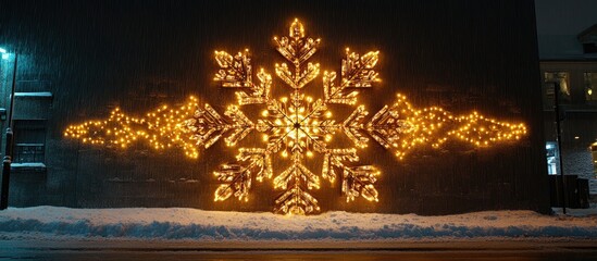 Poster - Warm glowing snowflake light display on a dark wall creating a festive winter atmosphere in an urban setting