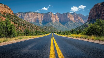 Poster - Scenic view of an empty road leading through a stunning National Park with majestic mountains under a clear blue sky