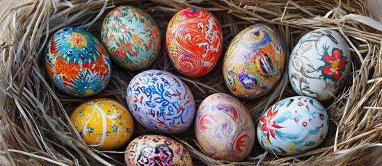 Aufkleber - Colorful decorated Easter eggs arranged in a rustic nest surrounded by straw emphasizing the festive spring season and cultural traditions.