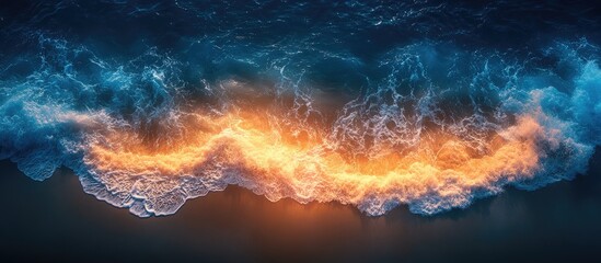 Poster - Aerial view of vibrant ocean waves meeting the coastline showcasing a stunning blend of colors and textures in nature's beauty.