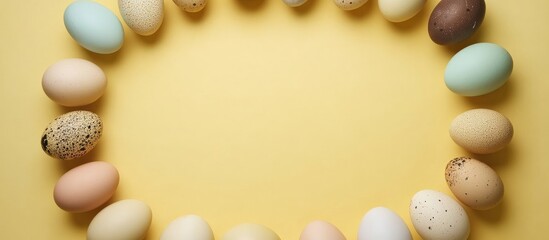 Poster - Top view of colorful painted eggs arranged in a circular frame on a bright yellow background with space for text and decoration ideas