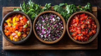Poster - Colorful gourmet salsas served in rustic bowls on a wooden table with fresh herbs for a vibrant culinary presentation