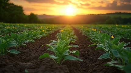Aufkleber - Sunflower field at sunset showcasing vibrant blooms and rich soil under a stunning sky backdrop. Ideal for agricultural and nature themes.