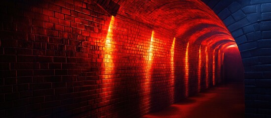 Poster - Illuminated red brick wall with textured lighting creating an atmospheric and dramatic ambiance in an underground setting.