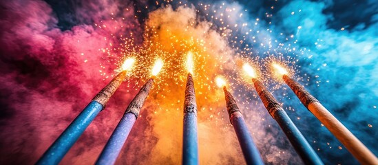 Poster - Vibrant colorful fireworks illuminating a dark night sky with smoke and sparks creating a festive atmosphere.