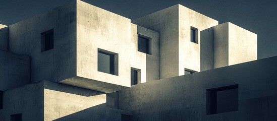 Poster - Modern architectural design featuring minimalist white concrete blocks with large windows against a dramatic sky backdrop.