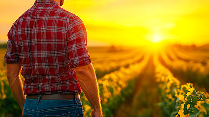 Sticker - Man in Checker Shirt Stands in Vineyard at Sunset with Bright Sky