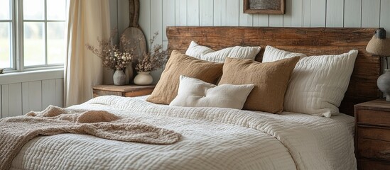 Poster - Cozy rustic bedroom featuring elegant bedding, pillows, blankets and natural decor for a serene sleeping environment