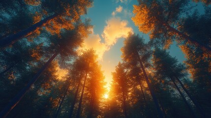 Poster - majestic pine forest with vibrant sunset light illuminating trees against a serene blue sky and fluf
