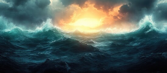 Poster - Dynamic ocean waves under a dramatic sunset with vibrant colors creating a stunning natural wallpaper backdrop for creative projects.