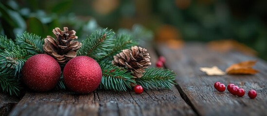 Poster - Festive Christmas decorations with red baubles pinecones and greenery arranged on rustic wooden surface for holiday celebrations