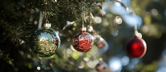 Poster - Christmas tree ornaments reflecting light with a bokeh background creating a festive and cheerful atmosphere for the holiday season