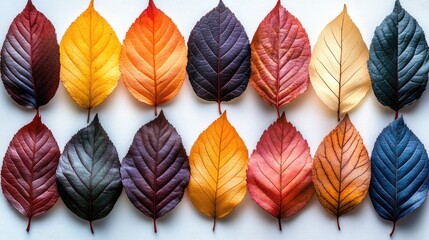Poster - Colorful Autumn Leaves Collection Isolated on White Background Displaying Nature's Palette in Vibrant Shades of Red Orange Yellow and Purple