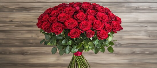 Poster - Elegant bouquet of vibrant red roses with lush greenery on rustic wooden background showcasing romance and beauty in floral arrangements