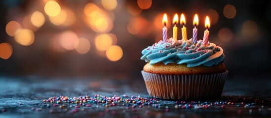 Poster - Birthday cupcake with vibrant candles and sprinkles celebrating happiness and joy in a festive atmosphere with a bokeh background.