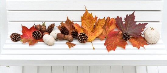 Poster - Autumn leaves pine cones acorns arrangement on white wooden bench seasonal decor with blank space for text or design