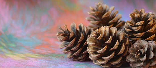 Aufkleber - Pine cones arranged artistically on a vibrant colorful background ideal for holiday and seasonal decoration concepts