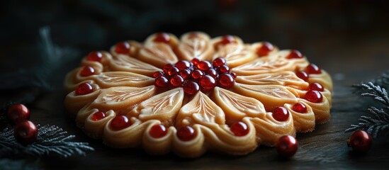 Poster - Festive Christmas cookie adorned with decorative red berries on a rustic wooden background evoking holiday warmth and cheer