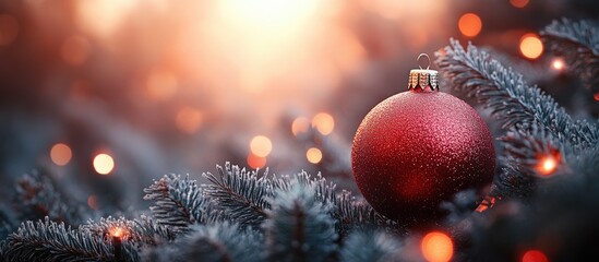 Aufkleber - Red Christmas ornament nestled in evergreen branches with a softly blurred festive background and warm glowing lights.