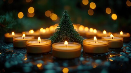 Poster - Warm tealight candles arranged in a tree shape on a dark backdrop create a cozy atmosphere with glowing lights and festive ambiance.