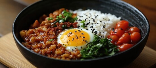 Aufkleber - Delicious kacang pool breakfast bowl featuring egg, rice, tomatoes, and fresh herbs for a traditional dining experience