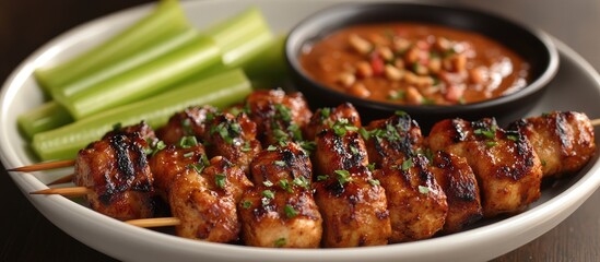Aufkleber - Savory chicken satay skewers served with creamy peanut sauce and fresh celery sticks on a white plate for a delicious appetizer presentation