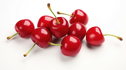 Aufkleber - Fresh red cherries arranged artistically on a clean white background showcasing their vibrant color and natural shine.