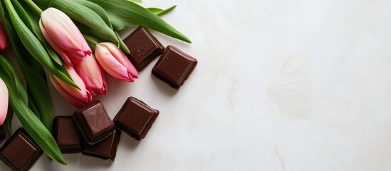 Fototapete - Chocolate candies and delicate tulip flowers arranged on a soft background creating a serene and elegant composition