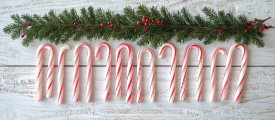 Poster - Rustic Christmas candy canes and fir branches arranged on a textured white wooden backdrop festive holiday season thematic flat lay composition