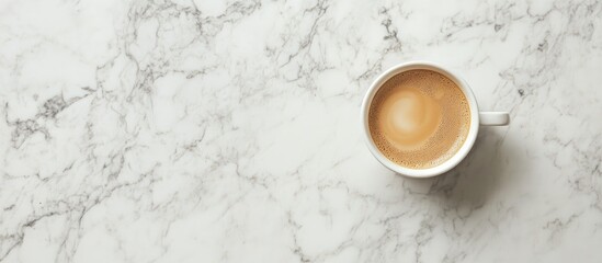 Poster - Morning coffee cup with milk on marble surface flat lay showcasing a cozy brunch vibe ideal for food photography and recipe inspiration