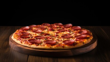 Aufkleber - Classic pepperoni pizza on a wooden stand with dark background top view showcasing delicious toppings and rustic presentation