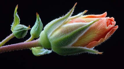 Poster - Delicate rosebud illuminated by natural light against a dark background showcasing intricate details and vibrant colors.