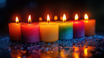 Poster - Colorful burning candles arranged in a row against a dark background creating a warm and inviting atmosphere.