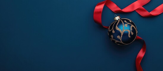 Aufkleber - Elegant blue Christmas ornament with intricate design paired with vibrant red ribbon on dark background for festive decoration themes