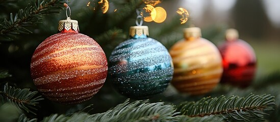 Fototapete - Colorful Christmas ornaments hanging on evergreen tree branches creating a festive holiday atmosphere with warm bokeh lights.