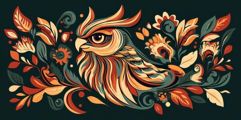 Poster - A vibrant, stylized illustration of an owl surrounded by colorful floral elements on a dark background.