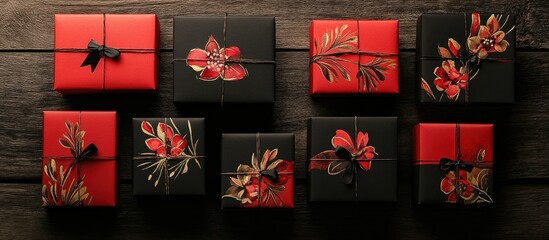 Poster - Watercolor decorated black and red gift boxes arranged on wooden surface creating a festive and artistic holiday presentation
