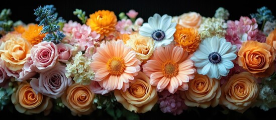 Poster - Vibrant bouquet of summer flowers in soft pastel colors showcasing roses daisies and other blooms against a dark background