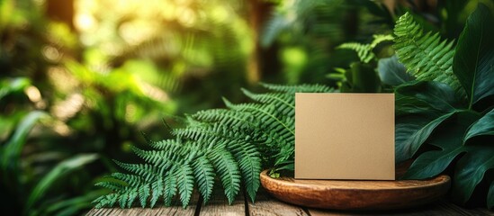 Poster - Tropical mockup flat lay featuring a blank card on a wooden table surrounded by lush fern leaves in a serene natural setting.