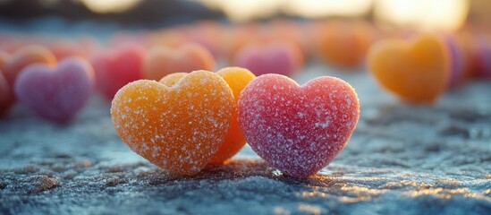 Aufkleber - Colorful heart-shaped gummy candies covered in sugar with a blurred background of more candies creating a sweet romantic atmosphere