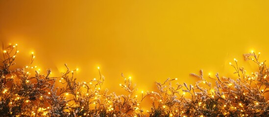Aufkleber - Festive Christmas decoration arrangement with golden lights and garland on vibrant yellow backdrop for holiday postcard design