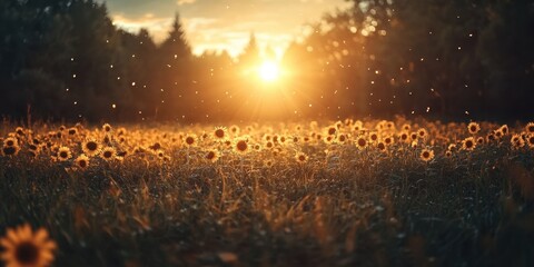 Poster - A golden sunset bathes a field of sunflowers, creating a serene and enchanting atmosphere amid nature's beauty.