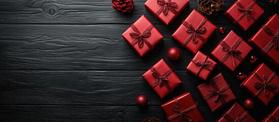 Poster - Red Christmas gift boxes elegantly arranged on a black wooden table creating a festive flat lay scene with ample space for text.