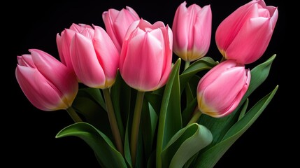 Leinwandbilder - Elegant bouquet of vibrant pink tulips with lush green leaves against a dark background showcasing natural beauty and freshness.