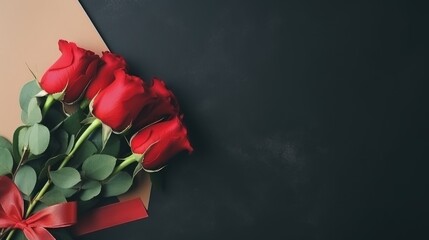 Poster - Red rose bouquet in craft paper with ribbon on dark background for greetings and messages flat lay composition