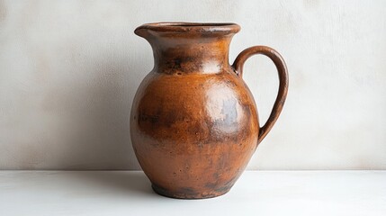 Poster - Clay jug with an elegant handle displayed on a minimalist white backdrop isolated artistic pottery piece vintage home decor