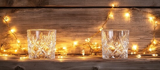 Aufkleber - Elegant Christmas dÃ©cor with crystal glasses and warm fairy lights on a rustic wooden background for festive celebrations.