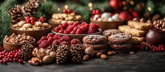 Poster - Festive assortment of Christmas sweets including cookies, fruits, and nuts beautifully arranged on a rustic table with holiday decorations.