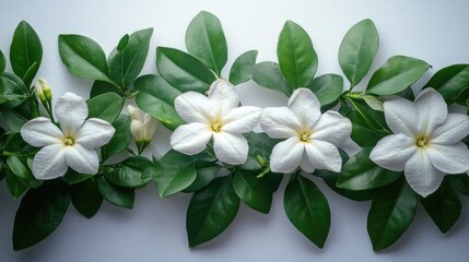 Poster - Fresh jasmine flowers and lush green leaves arranged elegantly on a pristine white background creating a serene floral composition