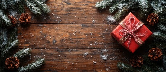 Poster - Christmas gift box on wooden table surrounded by snow and pine branches aerial view with empty space for festive greetings or messages